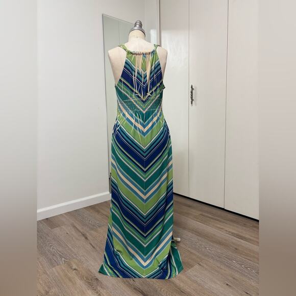 Fresh Of LA Green and Blue Striped Maxi V-Neck  Women's Dress Medium - Picture 3 of 5